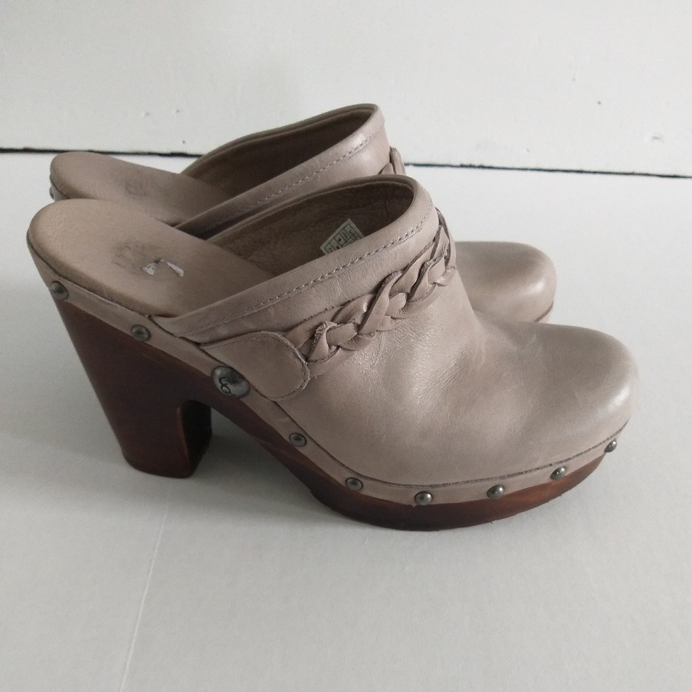 UGG Women's Leather Braided Clog Mules in Light Taupe